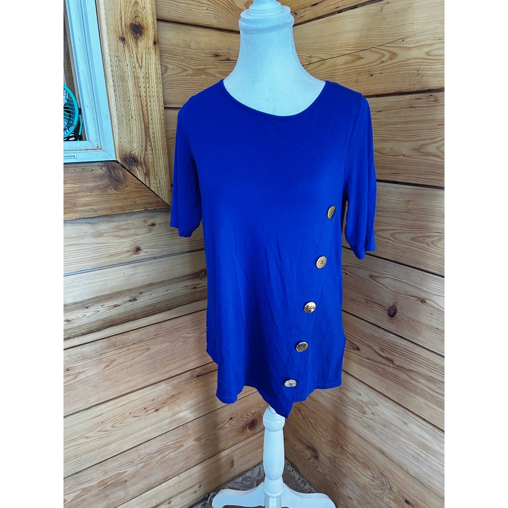 Cable‎ & Gauge Royal Blue Asymmetrical Gold Button Knit Top Blouse Womens Medium